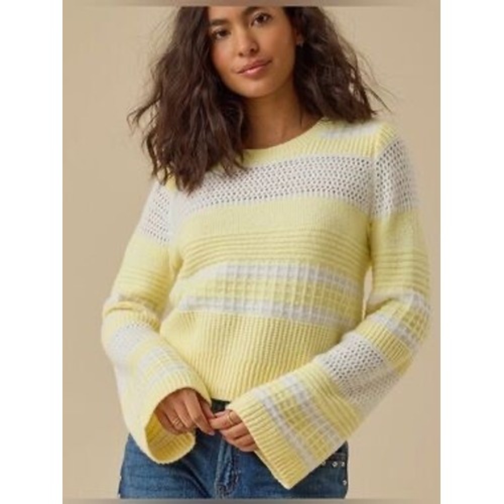 Altar'd State Yellow White Striped Knit Sweater Long Sleeve Crew Neck Size L